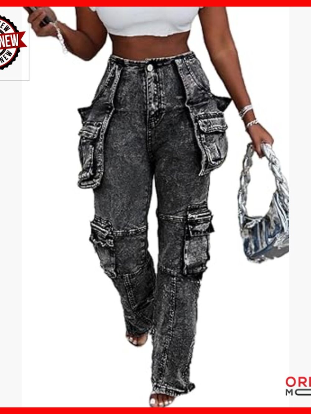 Stretch Cargo Jeans Straight Leg Side Zipper Slit Denim Pants with Pockets